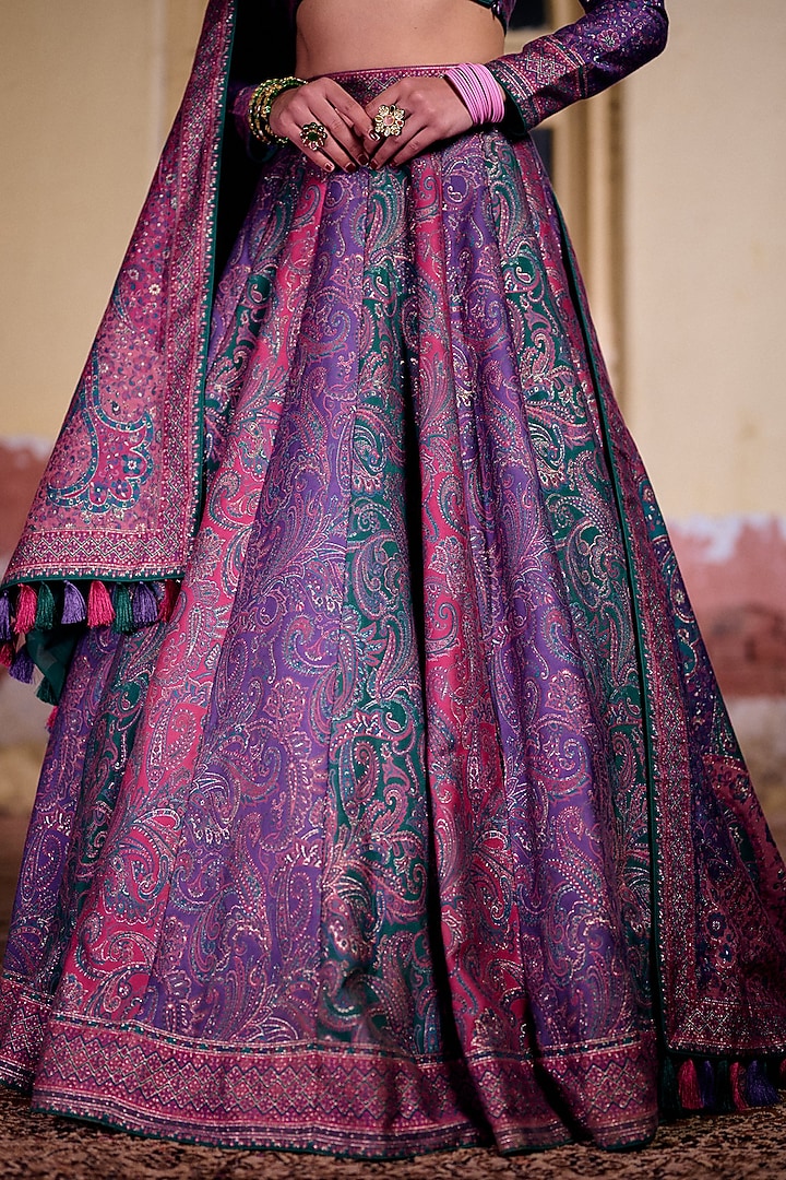Purple & Multi-Colored Vegan Silk Printed Wedding Lehenga Set by Safaa at Pernia's Pop Up Shop