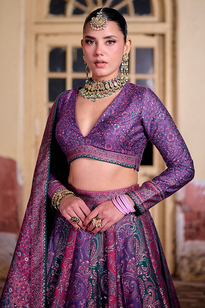 Purple & Multi-Colored Vegan Silk Printed Wedding Lehenga Set by Safaa at Pernia's Pop Up Shop