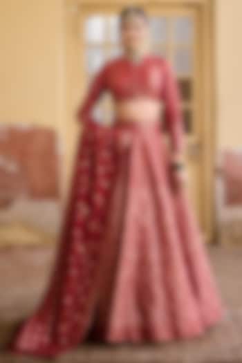 Deep red Vegan Silk Embroidered Wedding Lehenga Set by Safaa at Pernia's Pop Up Shop