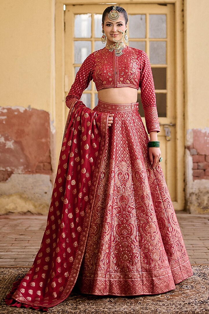 Deep red Vegan Silk Embroidered Wedding Lehenga Set by Safaa at Pernia's Pop Up Shop