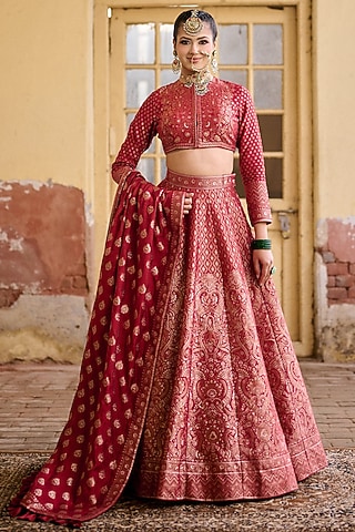 Deep red Vegan Silk Embroidered Lehenga Set by Safaa