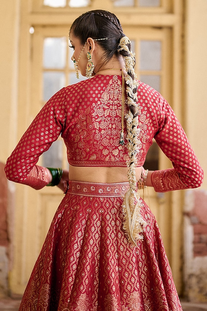 Deep red Vegan Silk Embroidered Wedding Lehenga Set by Safaa at Pernia's Pop Up Shop