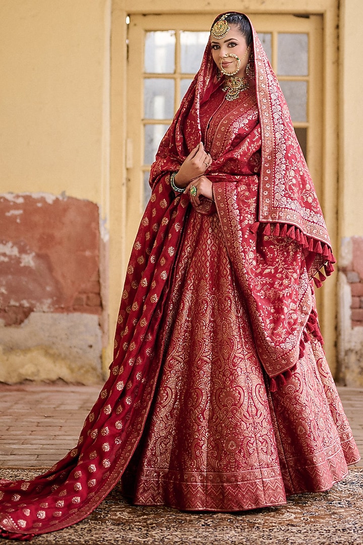 Deep red Vegan Silk Embroidered Wedding Lehenga Set by Safaa at Pernia's Pop Up Shop