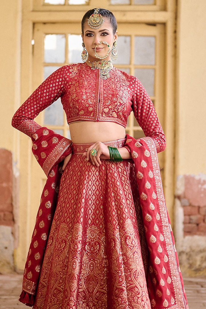 Deep red Vegan Silk Embroidered Wedding Lehenga Set by Safaa at Pernia's Pop Up Shop