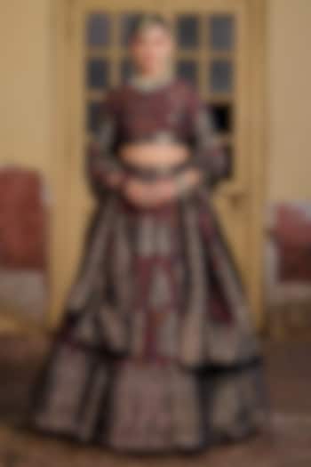 Black & Multi-Colored Moonga Silk Zari Work Wedding Lehenga Set by Safaa at Pernia's Pop Up Shop