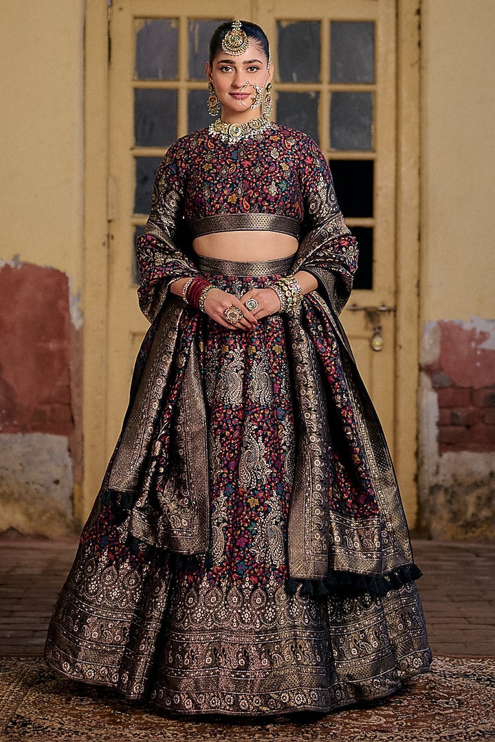 Black & Multi-Colored Moonga Silk Zari Work Wedding Lehenga Set by Safaa at Pernia's Pop Up Shop