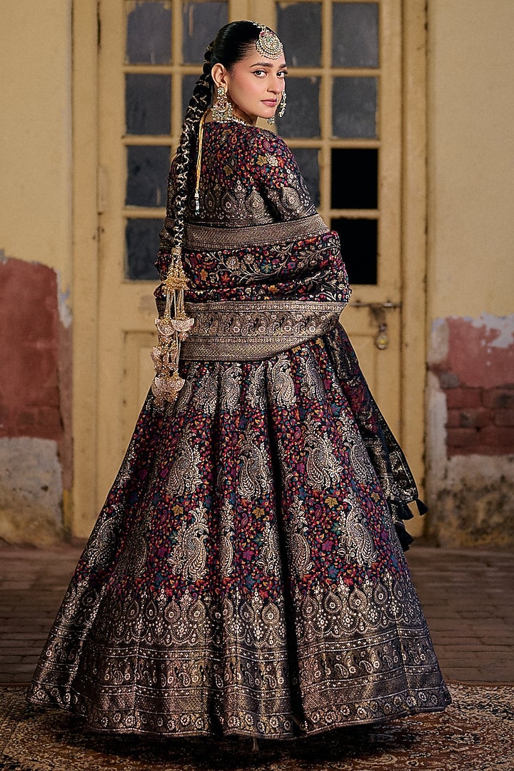Black & Multi-Colored Moonga Silk Zari Work Wedding Lehenga Set by Safaa at Pernia's Pop Up Shop