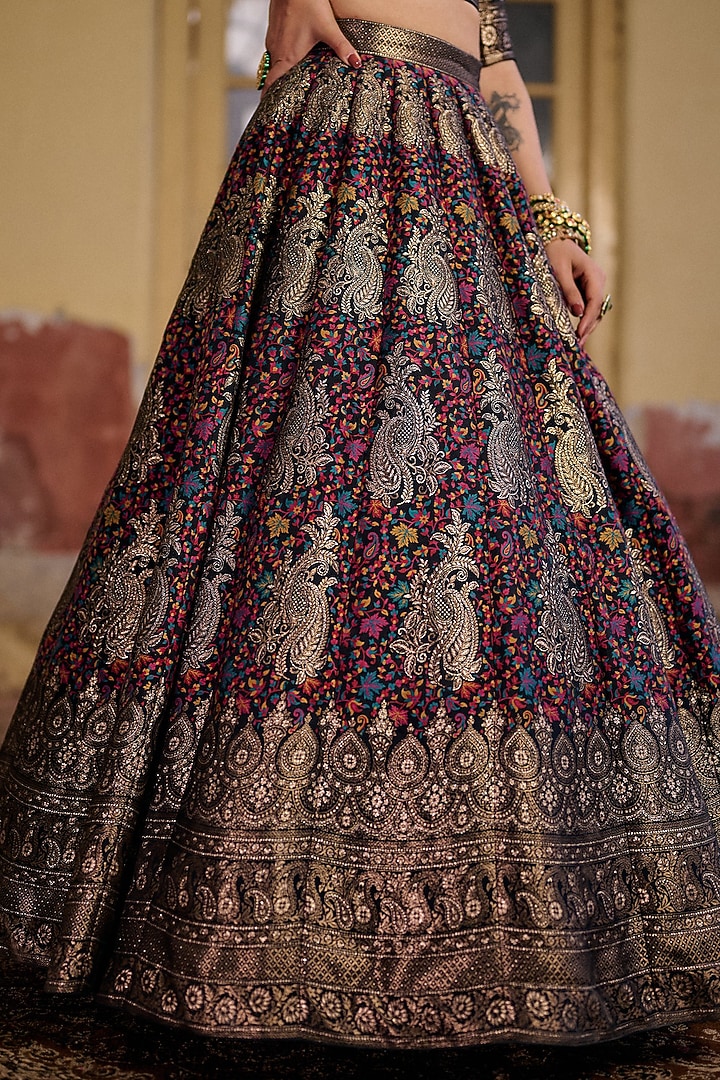 Black & Multi-Colored Moonga Silk Zari Work Wedding Lehenga Set by Safaa at Pernia's Pop Up Shop