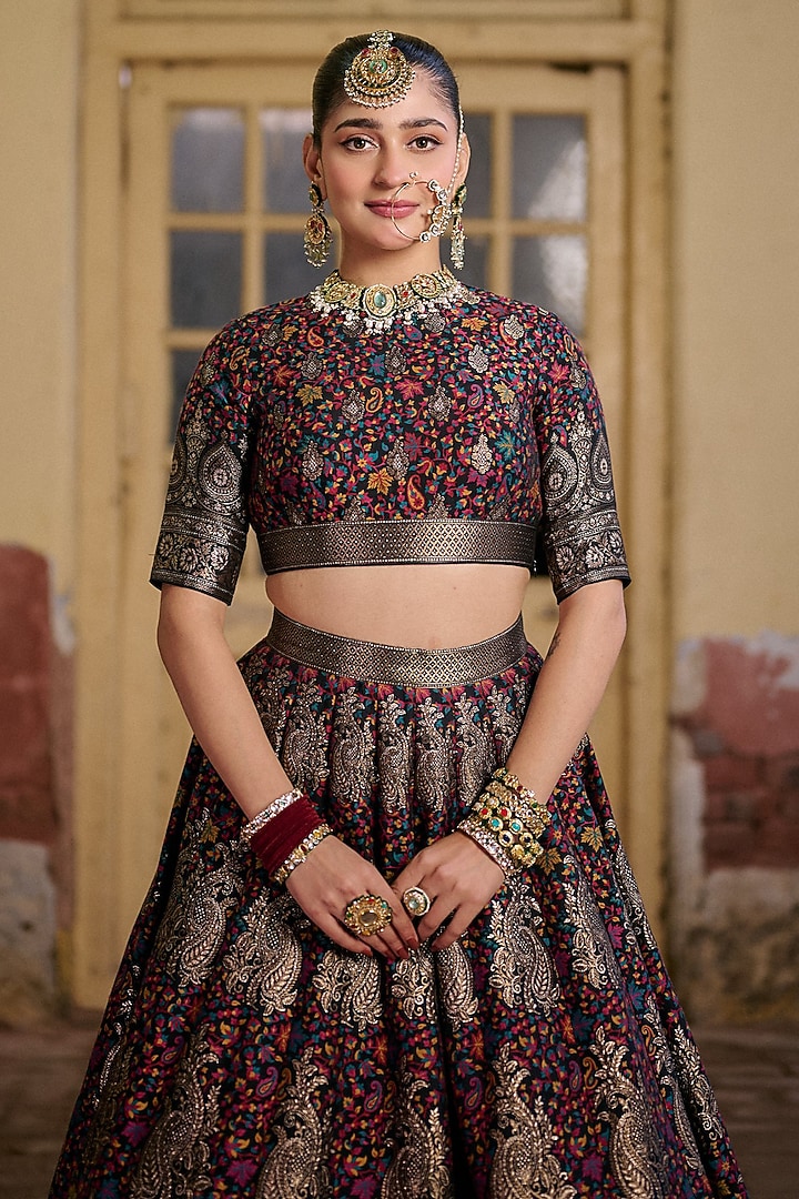 Black & Multi-Colored Moonga Silk Zari Work Wedding Lehenga Set by Safaa at Pernia's Pop Up Shop
