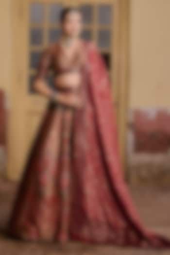 Brown & Red Moonga Silk Zari Work Wedding Lehenga Set by Safaa at Pernia's Pop Up Shop
