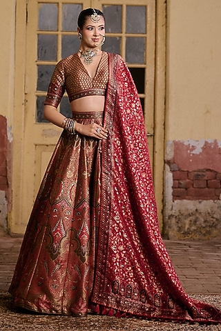 Brown & Red Moonga Silk Zari Work Lehenga Set by Safaa