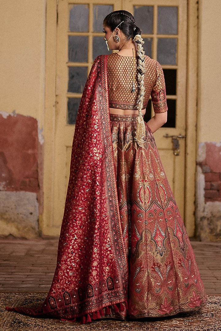 Brown & Red Moonga Silk Zari Work Wedding Lehenga Set by Safaa at Pernia's Pop Up Shop