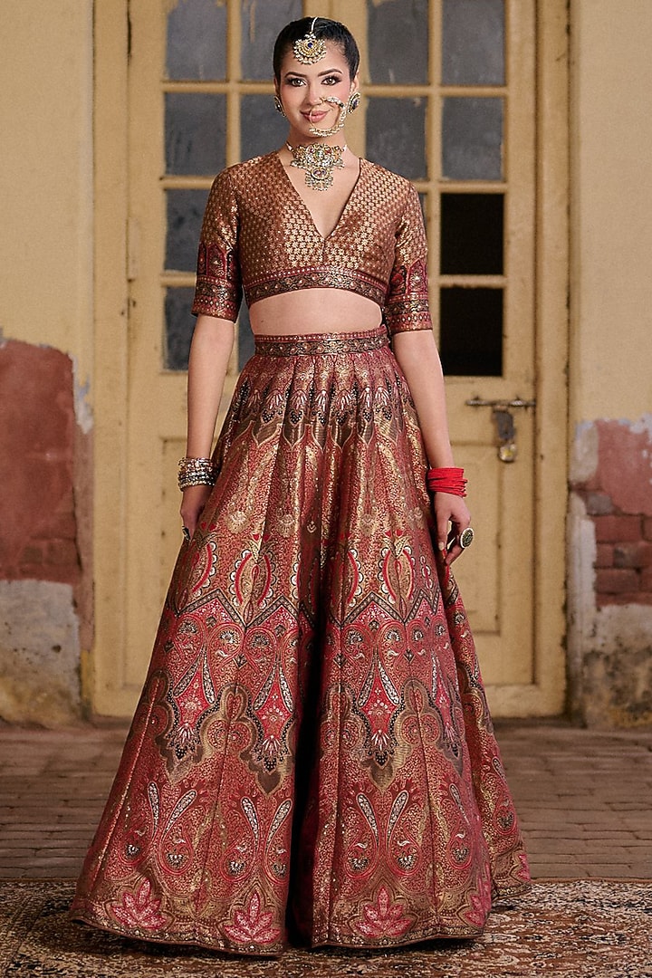 Brown & Red Moonga Silk Zari Work Wedding Lehenga Set by Safaa at Pernia's Pop Up Shop