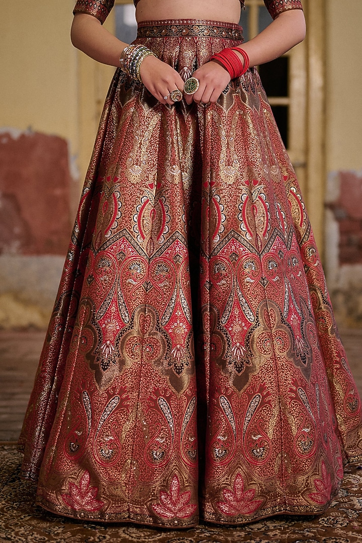 Brown & Red Moonga Silk Zari Work Wedding Lehenga Set by Safaa at Pernia's Pop Up Shop