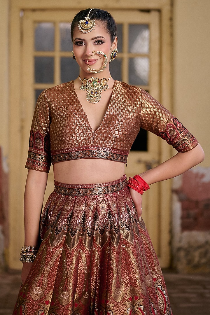Brown & Red Moonga Silk Zari Work Wedding Lehenga Set by Safaa at Pernia's Pop Up Shop