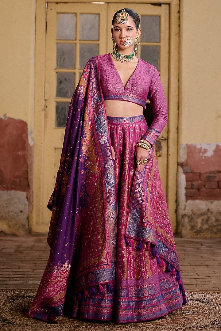 Multi-Colored Moonga Silk Printed & Embroidered Wedding Lehenga Set by Safaa at Pernia's Pop Up Shop