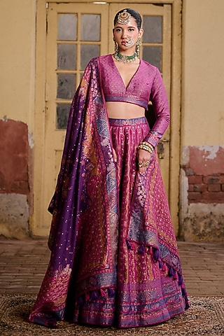 Multi-Colored Moonga Silk Printed & Embroidered Lehenga Set by Safaa
