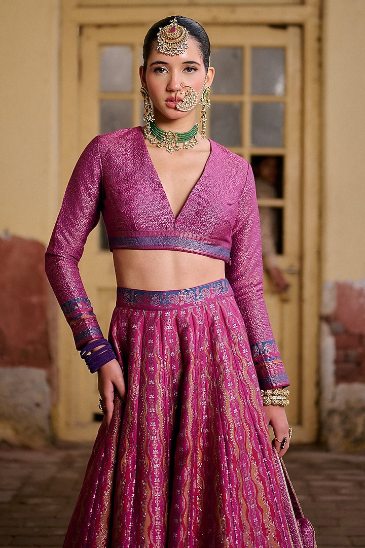 Multi-Colored Moonga Silk Printed & Embroidered Wedding Lehenga Set by Safaa at Pernia's Pop Up Shop
