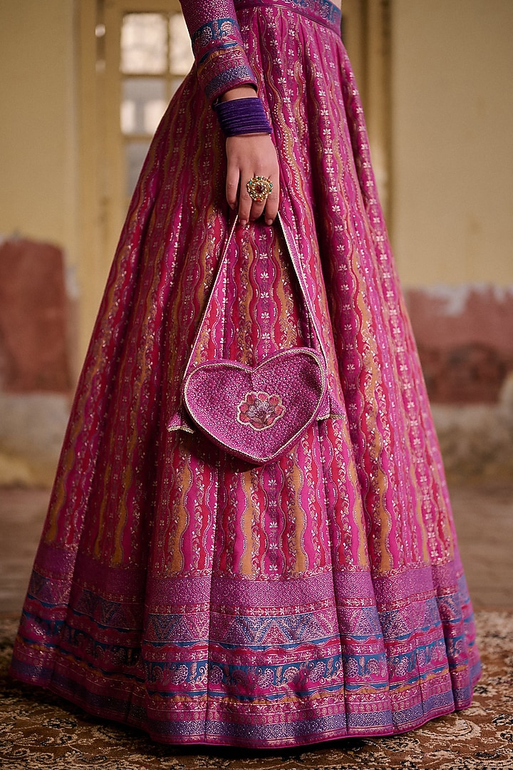 Multi-Colored Moonga Silk Printed & Embroidered Wedding Lehenga Set by Safaa at Pernia's Pop Up Shop