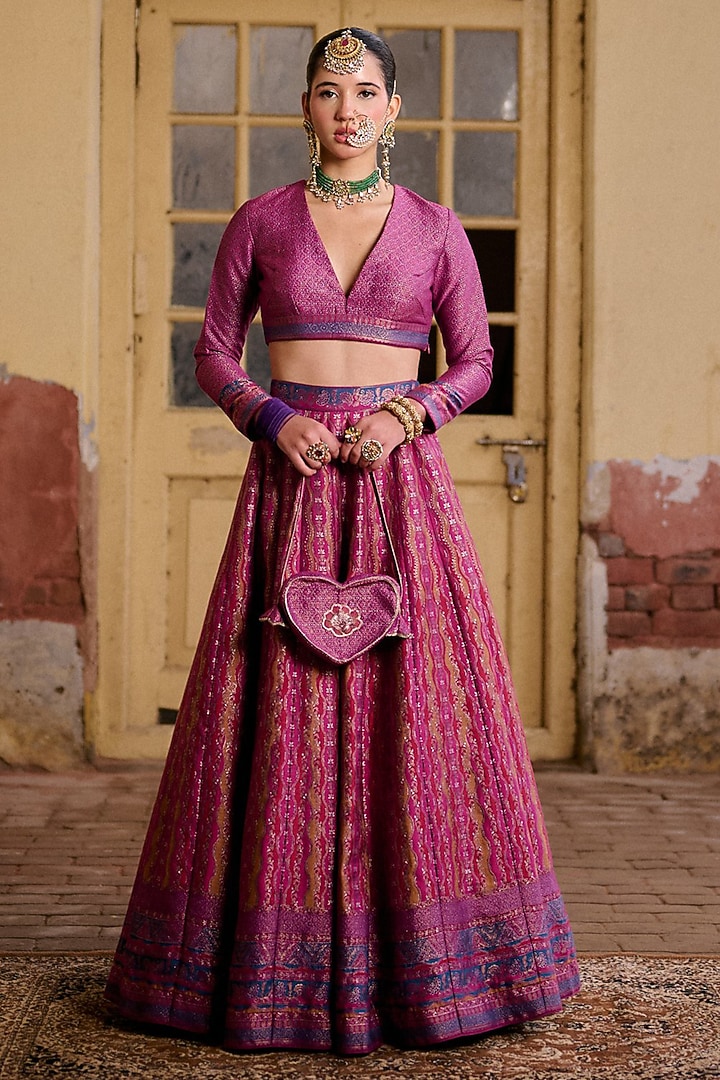Multi-Colored Moonga Silk Printed & Embroidered Wedding Lehenga Set by Safaa at Pernia's Pop Up Shop