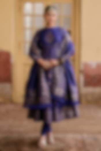 Indigo Vegan Silk Embroidered Wedding Anarkali Set by Safaa at Pernia's Pop Up Shop