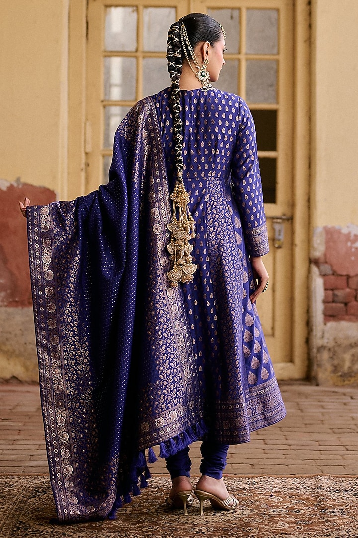Indigo Vegan Silk Embroidered Wedding Anarkali Set by Safaa at Pernia's Pop Up Shop