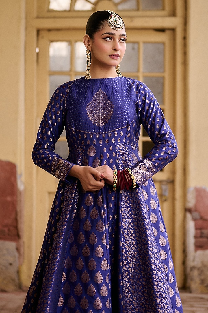 Indigo Vegan Silk Embroidered Wedding Anarkali Set by Safaa at Pernia's Pop Up Shop