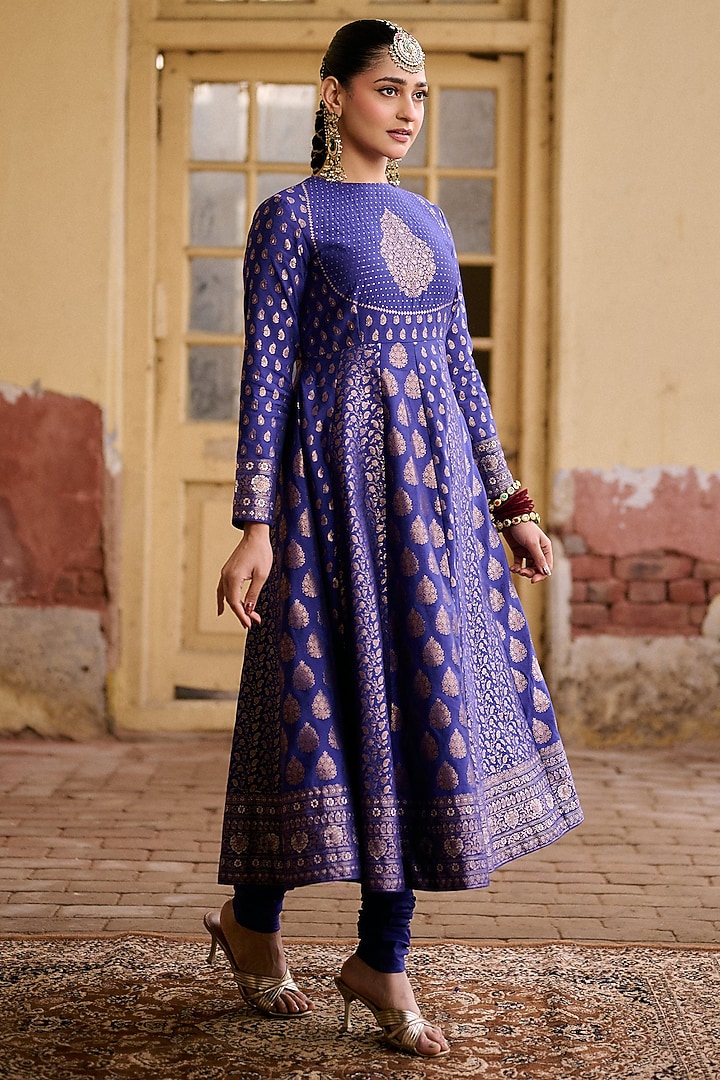 Indigo Vegan Silk Embroidered Wedding Anarkali Set by Safaa at Pernia's Pop Up Shop