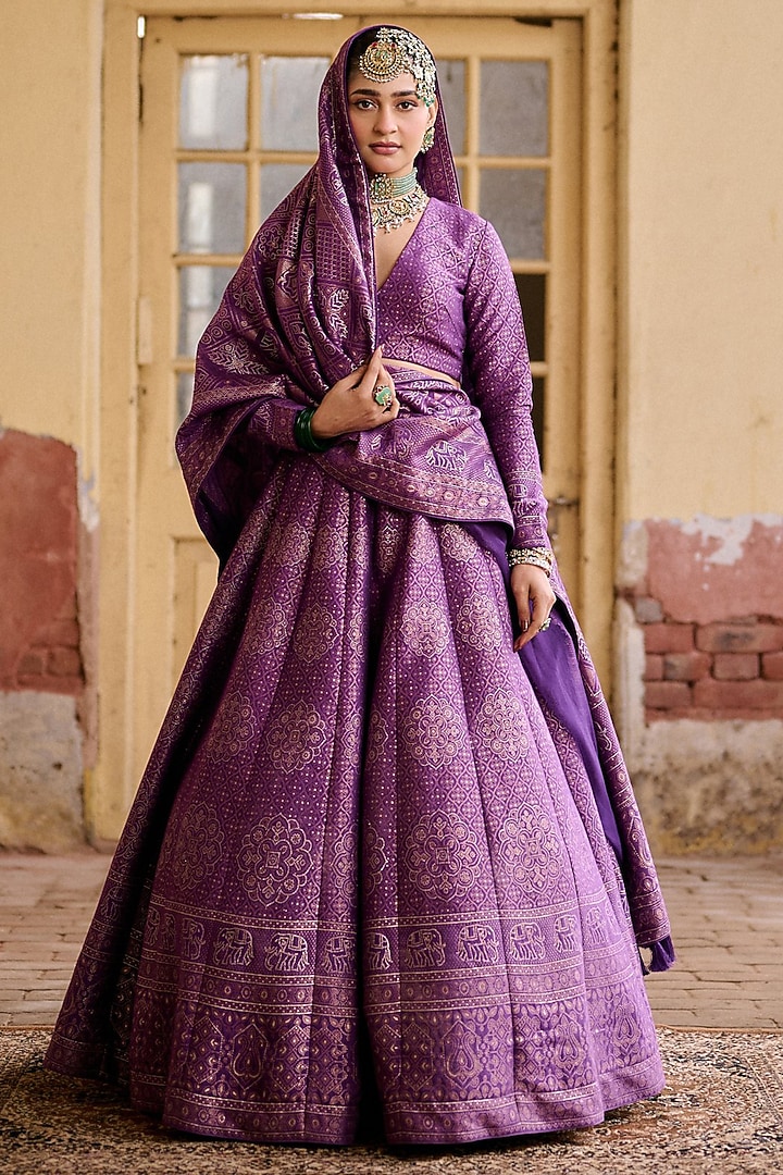 Purple Vegan Silk Printed Wedding Lehenga Set by Safaa at Pernia's Pop Up Shop