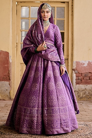 Purple Vegan Silk Printed Lehenga Set by Safaa