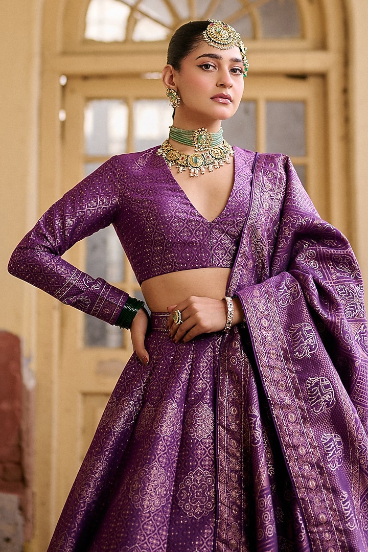 Purple Vegan Silk Printed Wedding Lehenga Set by Safaa at Pernia's Pop Up Shop