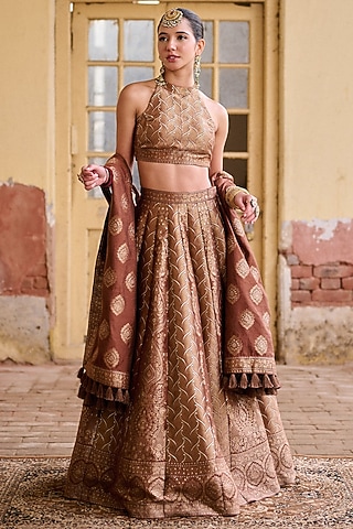 Brown Premium Vegan Silk Zari Gota Work Lehenga Set by Safaa