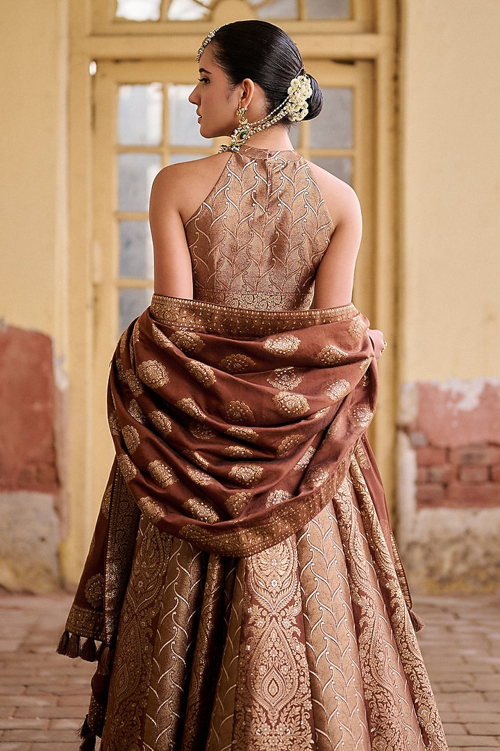 Brown Premium Vegan Silk Zari Gota Work Wedding Lehenga Set by Safaa at Pernia's Pop Up Shop