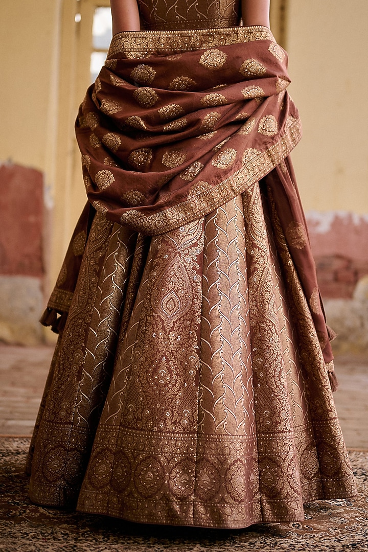 Brown Premium Vegan Silk Zari Gota Work Wedding Lehenga Set by Safaa at Pernia's Pop Up Shop