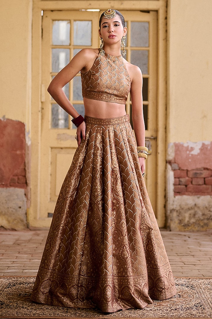 Brown Premium Vegan Silk Zari Gota Work Wedding Lehenga Set by Safaa at Pernia's Pop Up Shop