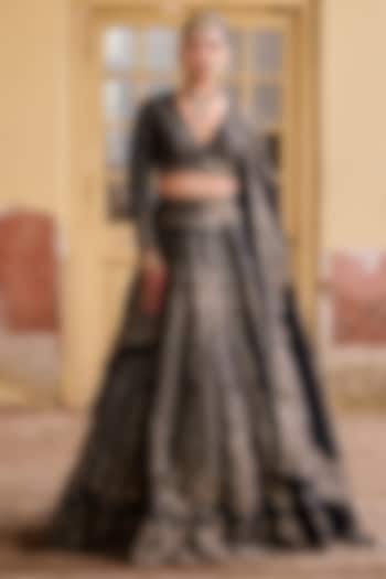 Black Premium Vegan Silk Kashmiri Zari Work Wedding Lehenga Set by Safaa at Pernia's Pop Up Shop