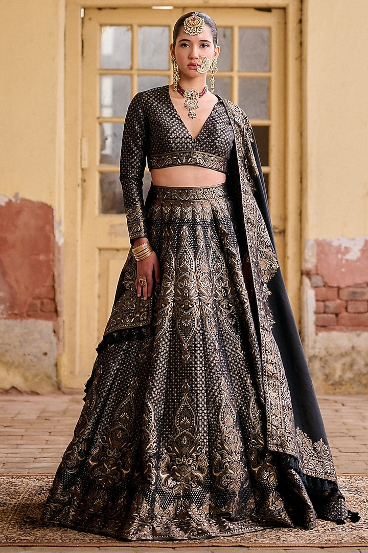 Black Premium Vegan Silk Kashmiri Zari Work Wedding Lehenga Set by Safaa at Pernia's Pop Up Shop