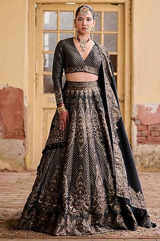 Black Premium Vegan Silk Kashmiri Zari Work Lehenga Set by Safaa