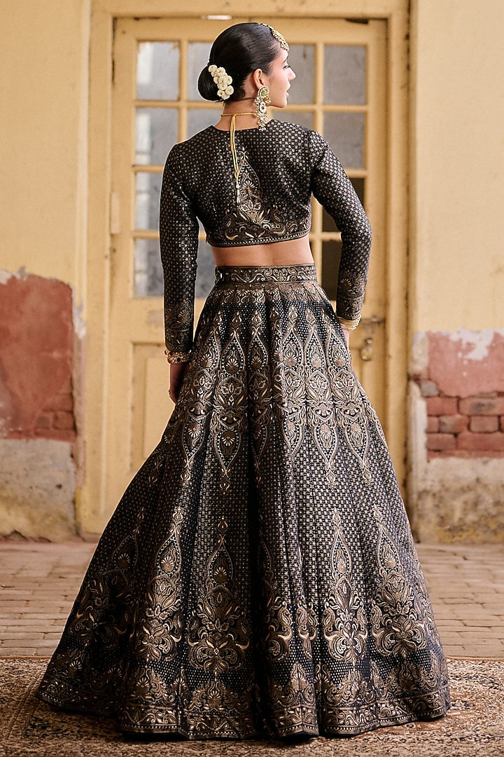 Black Premium Vegan Silk Kashmiri Zari Work Wedding Lehenga Set by Safaa at Pernia's Pop Up Shop