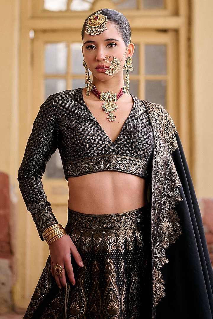 Black Premium Vegan Silk Kashmiri Zari Work Wedding Lehenga Set by Safaa at Pernia's Pop Up Shop