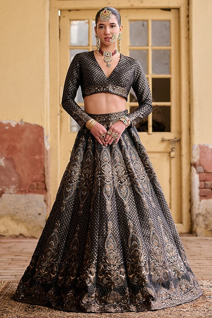 Black Premium Vegan Silk Kashmiri Zari Work Wedding Lehenga Set by Safaa at Pernia's Pop Up Shop