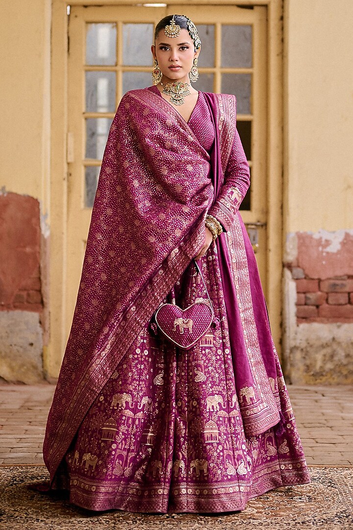 Berry Pink Premium Vegan Silk Kashmiri Zari Work Wedding Lehenga Set by Safaa at Pernia's Pop Up Shop