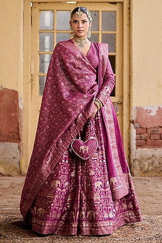 Berry Pink Premium Vegan Silk Kashmiri Zari Work Lehenga Set by Safaa