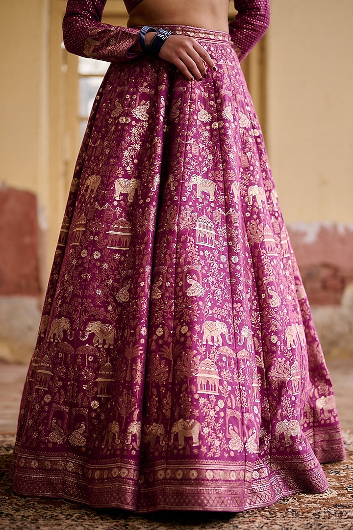 Berry Pink Premium Vegan Silk Kashmiri Zari Work Wedding Lehenga Set by Safaa at Pernia's Pop Up Shop