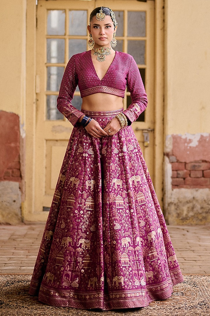 Berry Pink Premium Vegan Silk Kashmiri Zari Work Wedding Lehenga Set by Safaa at Pernia's Pop Up Shop