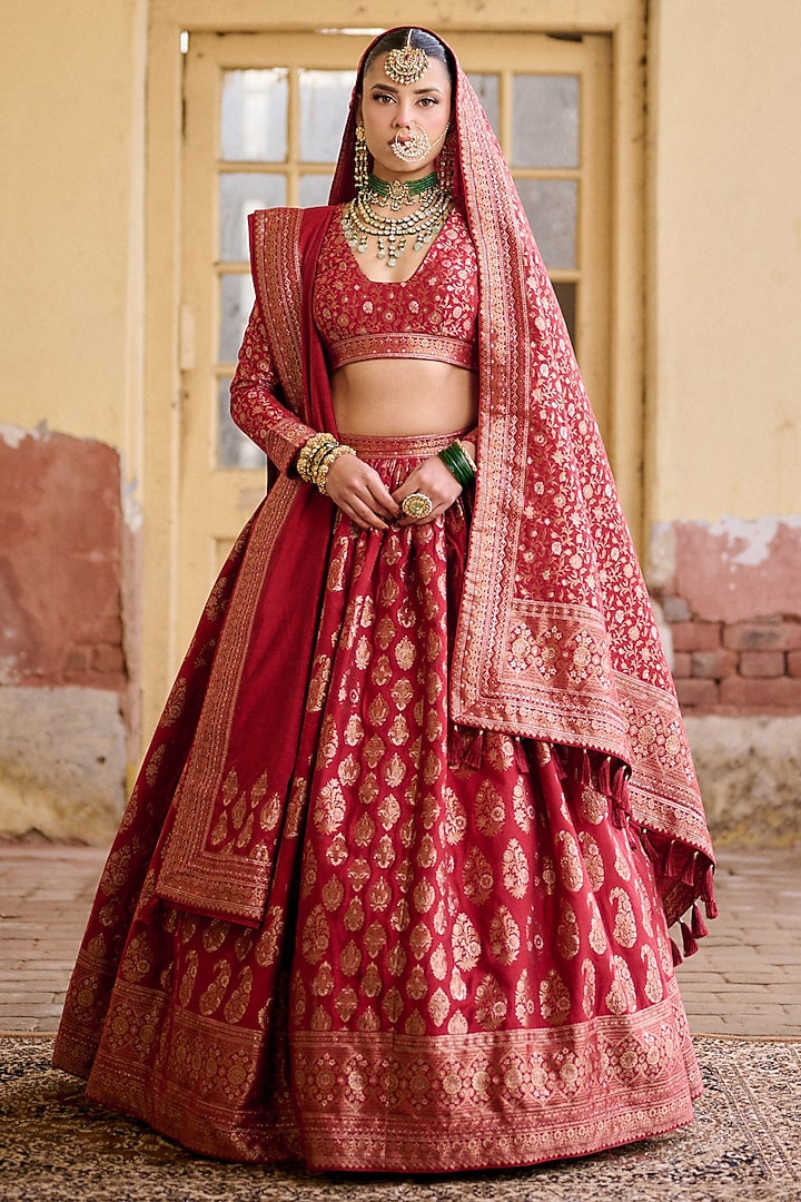 Deep Red Premium Vegan Silk Zari Gota Work Wedding Lehenga Set by Safaa at Pernia's Pop Up Shop