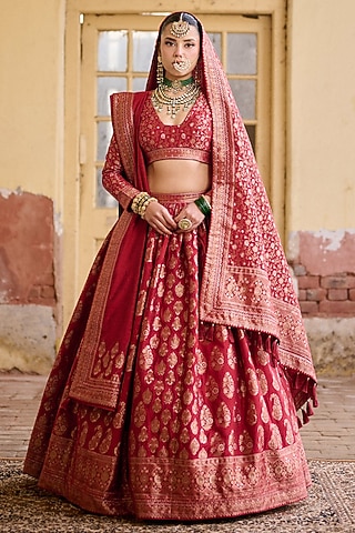 Deep Red Premium Vegan Silk Zari Gota Work Lehenga Set by Safaa