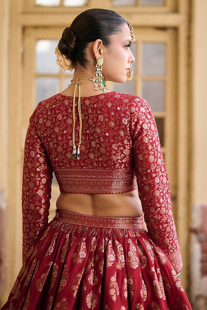 Deep Red Premium Vegan Silk Zari Gota Work Wedding Lehenga Set by Safaa at Pernia's Pop Up Shop