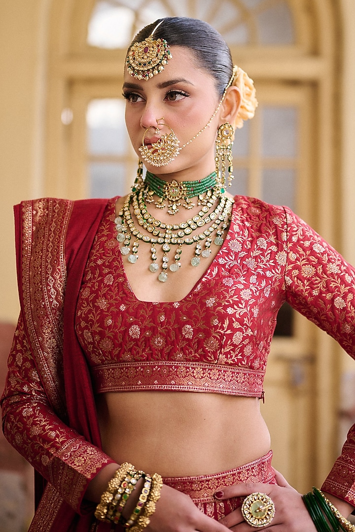Deep Red Premium Vegan Silk Zari Gota Work Wedding Lehenga Set by Safaa at Pernia's Pop Up Shop