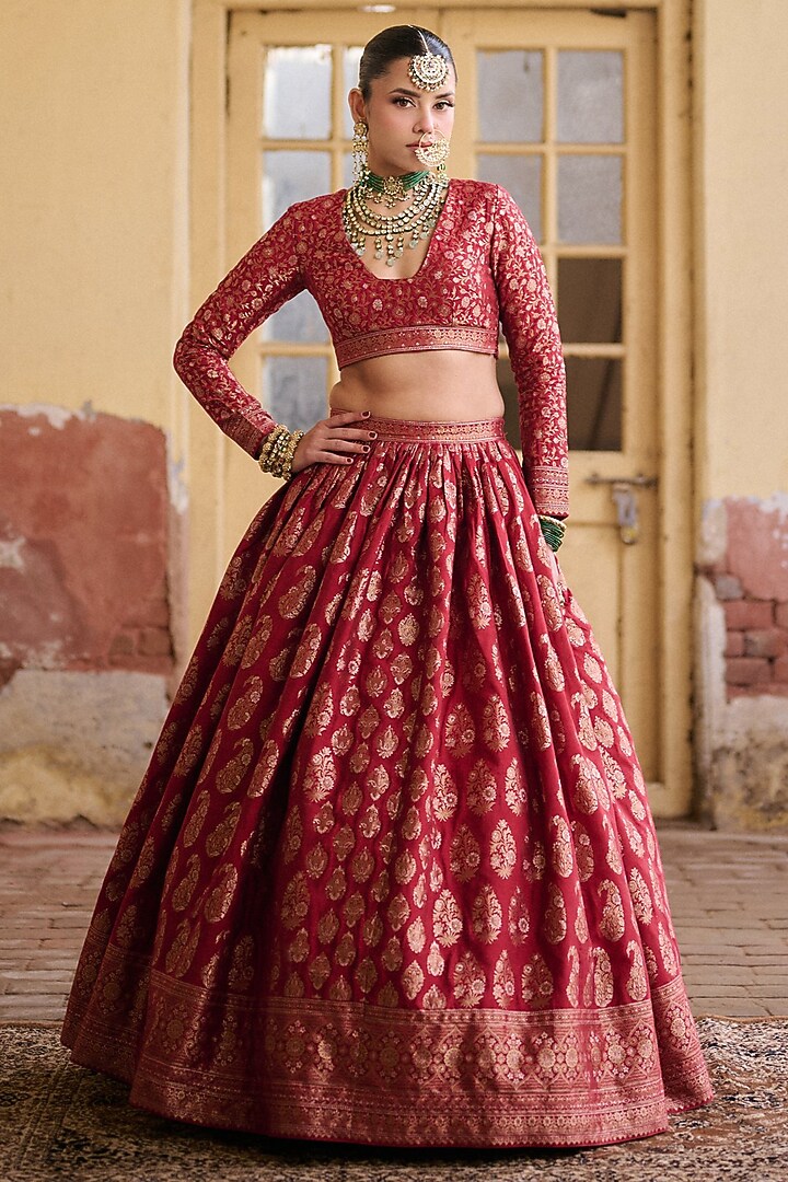 Deep Red Premium Vegan Silk Zari Gota Work Wedding Lehenga Set by Safaa at Pernia's Pop Up Shop